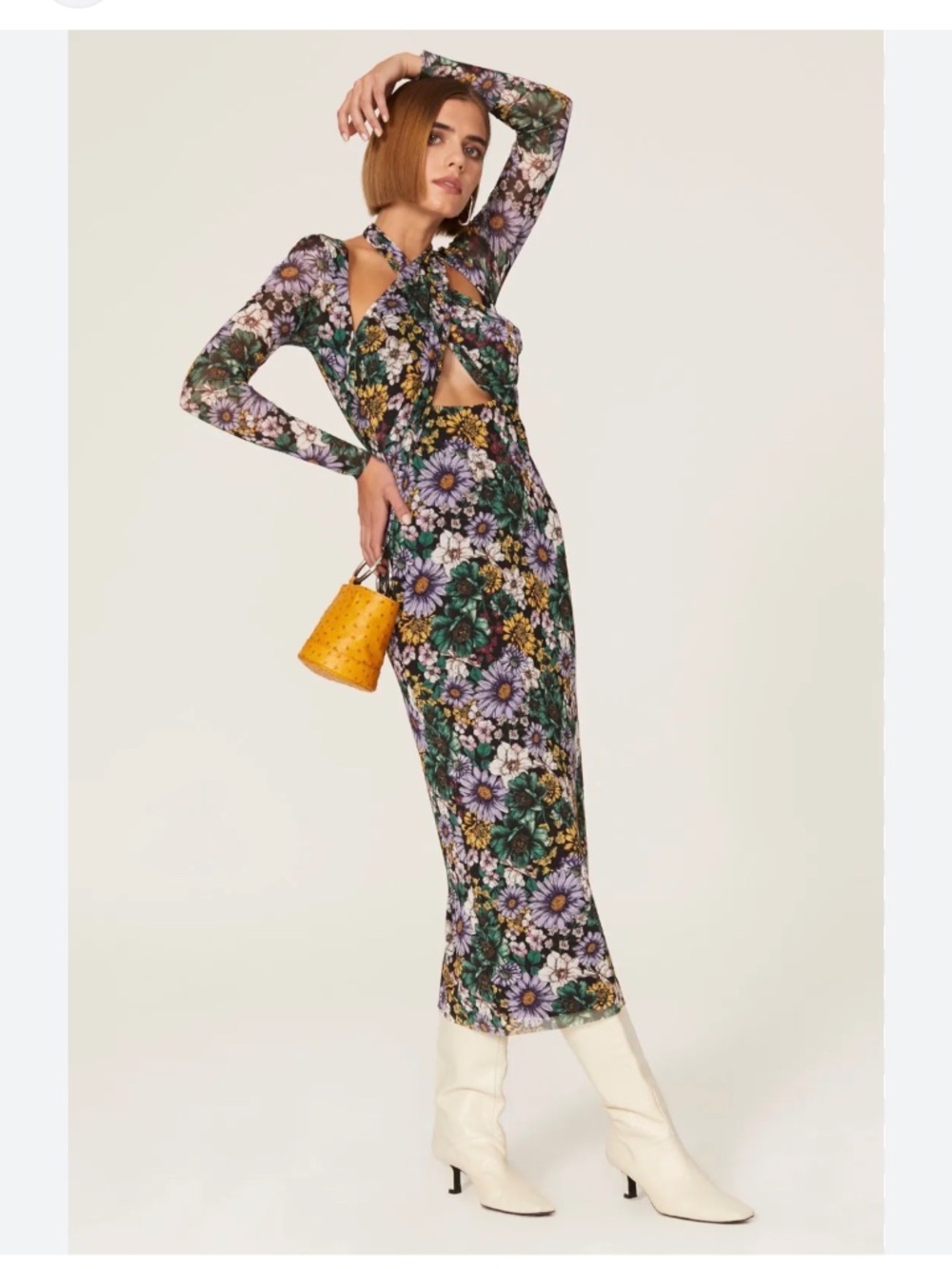 AFRM Adut Cutout Bodice Long Sleeve Mesh Midi Dress in Botanical Garden Print